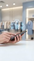 Hands holding smartphone with shopping cart icons floating above in modern retail store for mobile commerce and online shopping applications.
