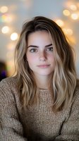 Young blonde woman in cozy beige sweater with warm bokeh lights background. Natural beauty portrait with soft lighting for lifestyle and fashion content.