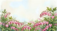 Watercolor bleeding heart flowers framing a soft pastel background, pink Lamprocapnos blooms with green foliage, spring botanical border art.