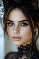 Close up portrait of young woman with freckles, green eyes and natural makeup wearing black lace. Soft dreamy lighting creates romantic mood for beauty and fashion.