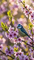 Blue tit bird perched on blooming cherry blossom branch with pink flowers in spring garden with soft bokeh background for nature and wildlife photography.