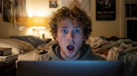 Young Caucasian male with curly blonde hair displaying shocked, surprised expression while watching laptop screen in bedroom at night with warm lighting.