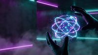 Hands protecting glowing atomic structure with neon lights in futuristic digital environment for technology and science concepts.
