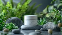 White marble textured cosmetic jar on gray stones surrounded by fresh green plants and succulents against dark background, spa wellness concept.