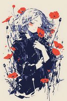 Artistic portrait of young woman with flowing hair surrounded by red poppies in navy blue and coral color scheme, featuring expressive brushstroke style on beige background.