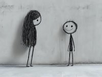 Stick figures with long dark hair and simple facial features stand against weathered concrete wall, depicting emotional contrast between sad and happy expressions, suitable for mental health, psychology, emotion, and wellbeing concepts.