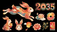 Lunar new year rabbit collection with jumping hare, sitting bunny, lanterns, flowers, and 2025 numeral. Isolated on transparent background, ready for t-shirts, stickers, clipart, sublimation, and print-on-demand designs.