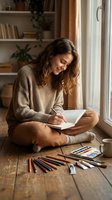 Young woman artist painting with watercolors sitting by window in cozy home studio with art supplies and books creating artwork in natural light.
