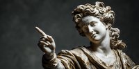 Classical marble statue of young woman with curly hair pointing upward in elegant gesture against dark background for educational and artistic projects.