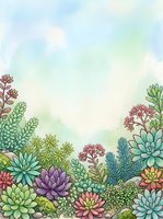 Watercolor succulent garden border frame with colorful plants and soft pastel sky background for botanical designs and natural decorative projects.