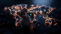 Glowing world map outline with orange and blue illuminated borders against dark background showing global connectivity and international network concept.