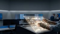 Businessman in casual shirt interacts with transparent holographic display showing glowing data visualization in modern office with blurred colleagues and blue lighting.