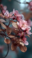 Delicate pink cherry blossoms with copper-toned leaves on branch against soft blurred background for spring nature designs and botanical decorations.