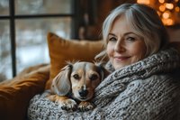 Mature woman with blonde hair relaxing at home with small mixed breed dog on cozy winter evening, wrapped in knitted sweater against window background.