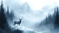 Majestic deer silhouette standing on snowy mountain peak at dawn, surrounded by misty pine forest and falling snow in winter landscape. Atmospheric nature scene.