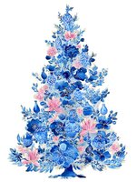 Watercolor Christmas tree with blue ornaments and pink flowers on white background, festive holiday decoration for greeting cards.