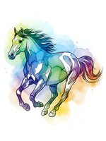 Colorful watercolor horse galloping with rainbow mane and tail on white background, artistic animal illustration for creative projects and designs.