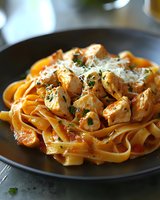 Fettuccine pasta with grilled chicken pieces in creamy tomato sauce, garnished with parmesan cheese and fresh herbs on dark plate.