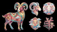 Colorful Chinese zodiac ram set with ornate floral patterns, isolated on transparent background. Great for stickers, T-shirt design, clipart, and print on demand.