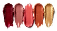 Colorful lipstick smears in warm tones from burgundy to gold on white background. Cosmetic makeup swatches for beauty and fashion design projects.