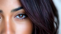 Close up portrait of young Asian woman with flawless glowing skin, dark flowing hair, and intense brown eyes looking at camera against soft blurred background.