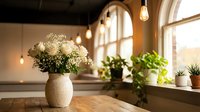 Cozy kitchen interior with white roses in ceramic vase on wooden counter, hanging Edison bulbs, arched windows with natural sunlight and green plants on windowsill.