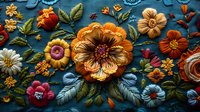 Vibrant floral composition with orange, blue and red blooms on dark background, featuring dimensional flowers and leaves in folk art style. Decorative botanical arrangement.