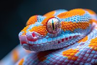 Extreme close-up macro photograph of orange and blue snake head with yellow reptilian eye, detailed scales and fangs against dark background, showing vibrant colors.