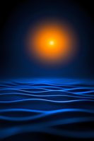 Glowing orange sun over abstract blue waves creating dramatic contrast and depth. Minimalist design with smooth flowing lines and dark atmosphere.