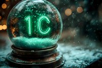 Glowing neon celsius degree symbol in snow globe with magical winter atmosphere, sparkles and bokeh lights on dark background, seasonal decoration.
