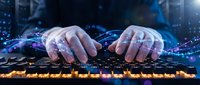 Professional programmer hands typing on illuminated keyboard with digital data streams and glowing network connections in futuristic workspace.