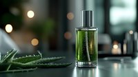 Green glass perfume bottle with silver cap next to fresh aloe vera leaf on dark surface with warm bokeh lights creating luxury spa atmosphere for skincare.