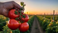 Hand holding fresh ripe red tomatoes on vine in agricultural field during golden hour sunset. Organic farming harvest concept for healthy food production.