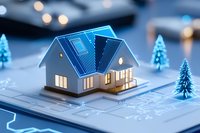 Miniature glowing house model with solar panels on blueprint background, surrounded by tiny trees. Smart home technology concept with blue lighting effects.