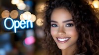 Young African American woman with curly hair and bright smile against blurred neon open sign and bokeh lights background, expressing warmth and welcoming atmosphere.