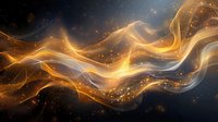 Abstract cosmic waves of golden light and white energy flowing through dark space with glowing particles and stellar elements creating magical atmosphere.