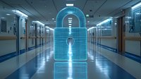 Digital padlock hologram in hospital corridor representing healthcare data security and patient privacy protection. Medical facility with modern cybersecurity technology.