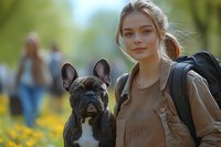 Young caucasian woman with french bulldog in park during spring, yellow flowers blooming. Natural outdoor portrait of female with pet enjoying sunny day.