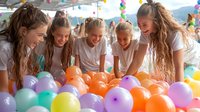 Young female friends laughing and having fun with colorful balloons at party celebration, expressing joy and happiness in casual summer atmosphere.