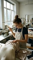 Young female artisan working with clay in bright pottery studio workshop creating handmade ceramics with natural light and creative atmosphere.