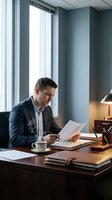 Professional businessman reviewing documents at modern office desk with laptop and coffee cup near window.