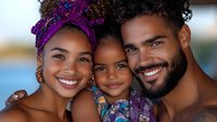 Happy African American family portrait with mother wearing purple headwrap, father with beard, and smiling young daughter between them, showing genuine joy and connection.