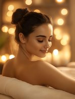 Young Asian woman with serene expression relaxing at spa with warm bokeh lights in background, natural makeup and hair in bun, wellness concept.