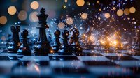 Black chess pieces on board with magical glowing bokeh lights and sparkles creating dramatic atmosphere for strategy and competition concepts.