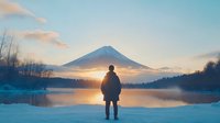 Silhouette of person standing at snowy lake shore during sunrise, mountain peak in background, tranquil winter landscape with golden morning light and fog over water.