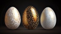 Luxurious metallic Easter eggs with intricate patterns in gold, silver and bronze colors on dark background. Modern festive decoration concept.