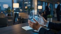 Professional businessman holding glowing scales of justice hologram in modern office environment representing legal technology and digital law services.