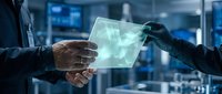 Two professionals exchanging glowing holographic tablet in modern office with blue tech interface, representing digital innovation, data transfer, and business collaboration in contemporary workplace.