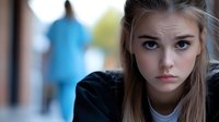 Young Caucasian woman with intense gaze and long blonde hair looking directly at camera, wearing black top, with blurred medical worker in blue scrubs in background. Healthcare concept.