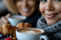 Young African American woman enjoying latte with latte art and croissants at cozy cafe with friend in background during winter morning coffee break.